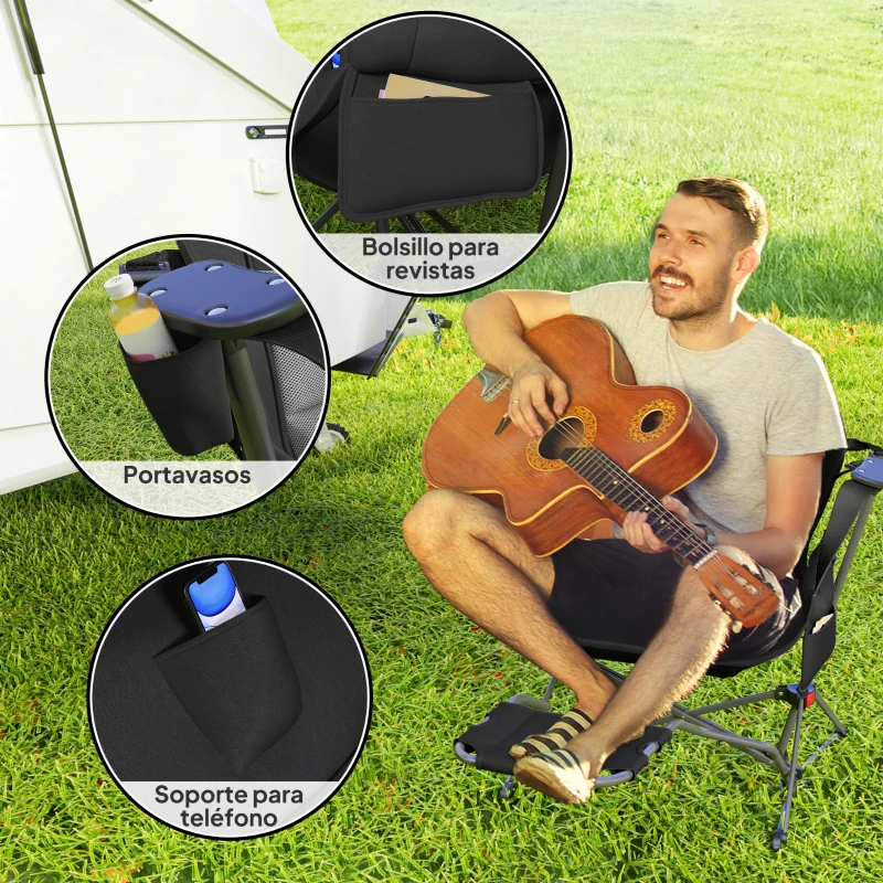Outsunny 2 Mecedora Jardín Exterior con Reposapiés Reposacabezas Portavasos Bolsillos y Bolsa de Transporte Carga 120 kg Negro