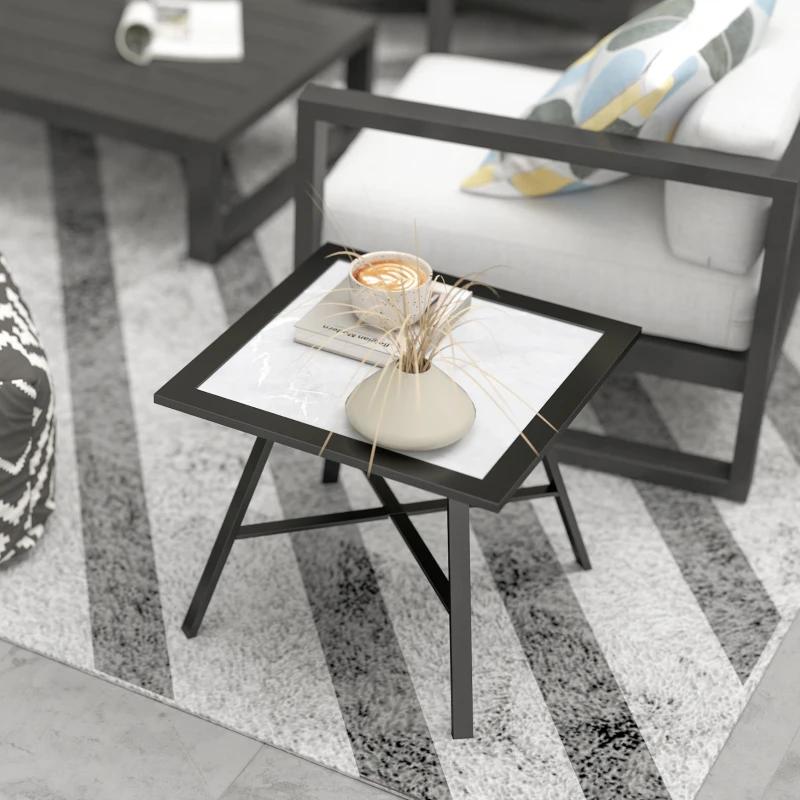 Outsunny Mesa Auxiliar de Jardín con Encimera de Aspecto Piedra Gris y Estructura Negra 55x55x46 cm Mesita de Exterior Compacta
