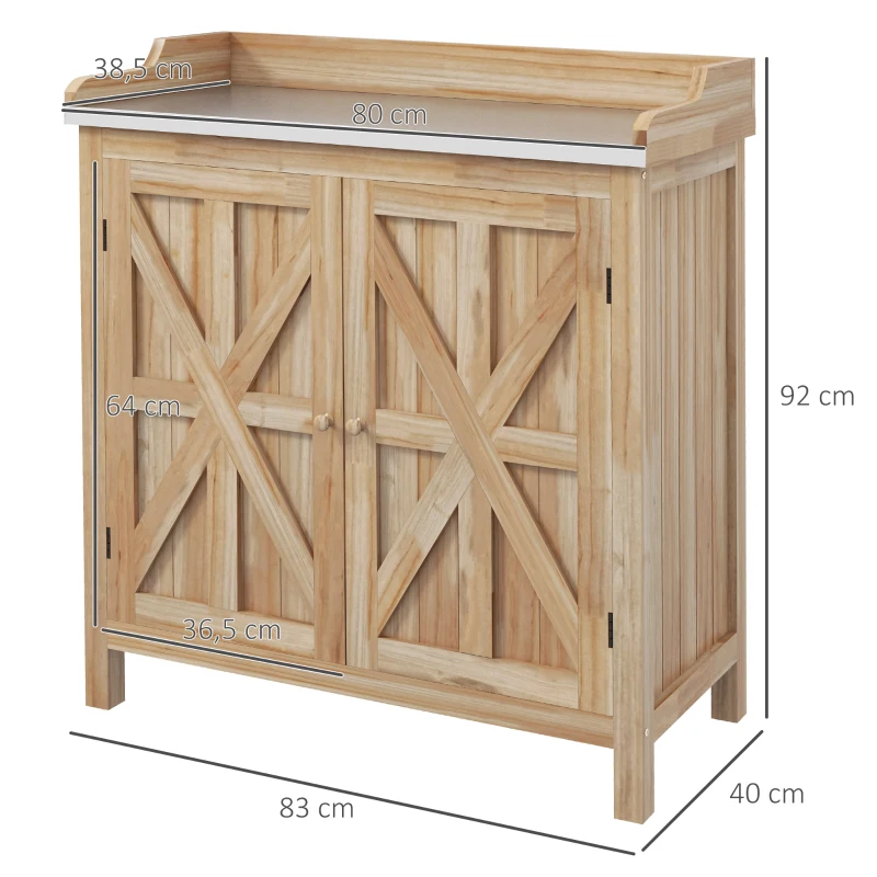 Outsunny Table de rempotage armoire de rangement avec 2 étagères, plateau galvanisé patins antidérapants en bois sapin