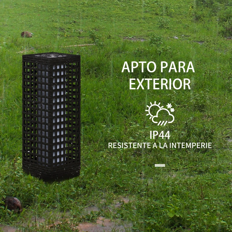 Outsunny Lámpara Solar de Ratán Sintético con Luces LED Encendido/Apagado Automático para Exterior 15,5x15,5x46 cm Negro