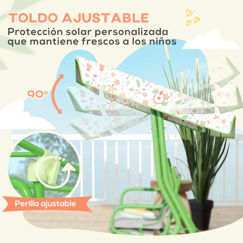 AIYAPLAY Columpio de Jardín Exterior para Niños de +3 Años con Toldo Ajustable Arnés de Seguridad 112x75x120 cm Verde