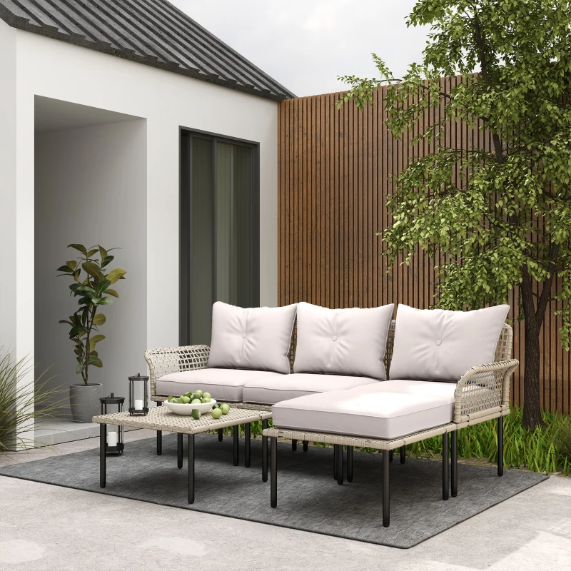 Outsunny Conjunto de Jardín de Ratán Sintético con Sofá de Exterior de 4 Módulos y 1 Mesa de Centro y Cojines Crema