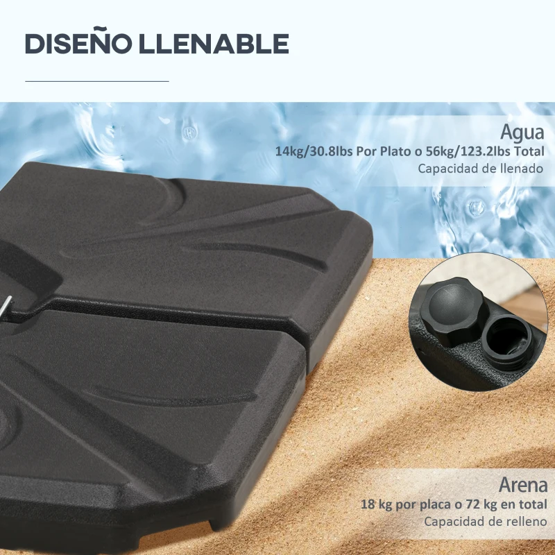 Outsunny Base para Sombrilla de 4 Piezas Rellenable con Arena 72 kg o Agua 56 kg para Jardín Patio Terraza Negro
