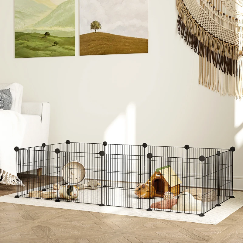 PawHut Țarc Modular pentru Animale de Companie de Talie Mică cu Panouri și Accesorii, 140x70x35 cm, Negru
