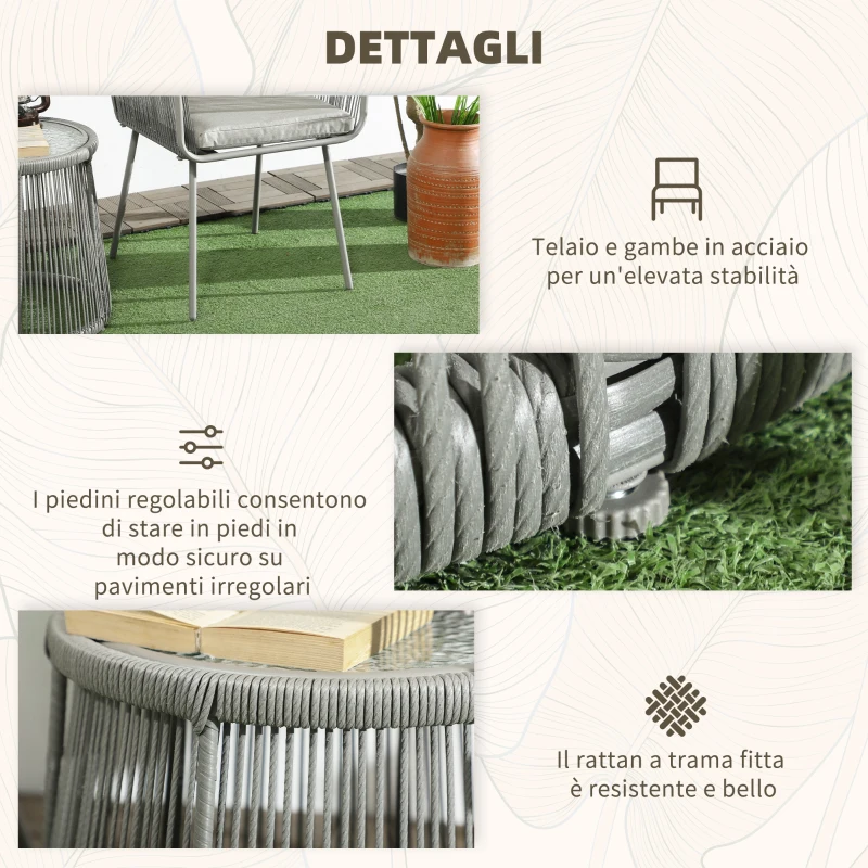 Outsunny Set da Esterno con Tavolino in Vetro e 2 Sedie da Giardino in Rattan Stile Boho, Grigio Chiaro