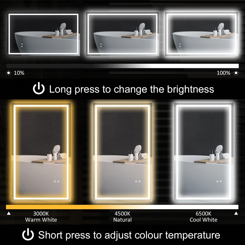HOMCOM Oglindă de Baie Iluminată cu Lumini LED Reglabile și Strat Anti-Condens, 100x60 cm, Transparent