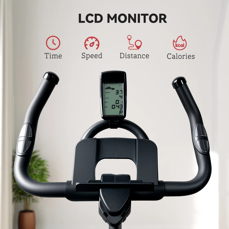 SPORTNOW Bicicletă Magnetică cu Ghidon, Șa Reglabilă și Monitor LCD, 106x53x111-123 cm, Negru