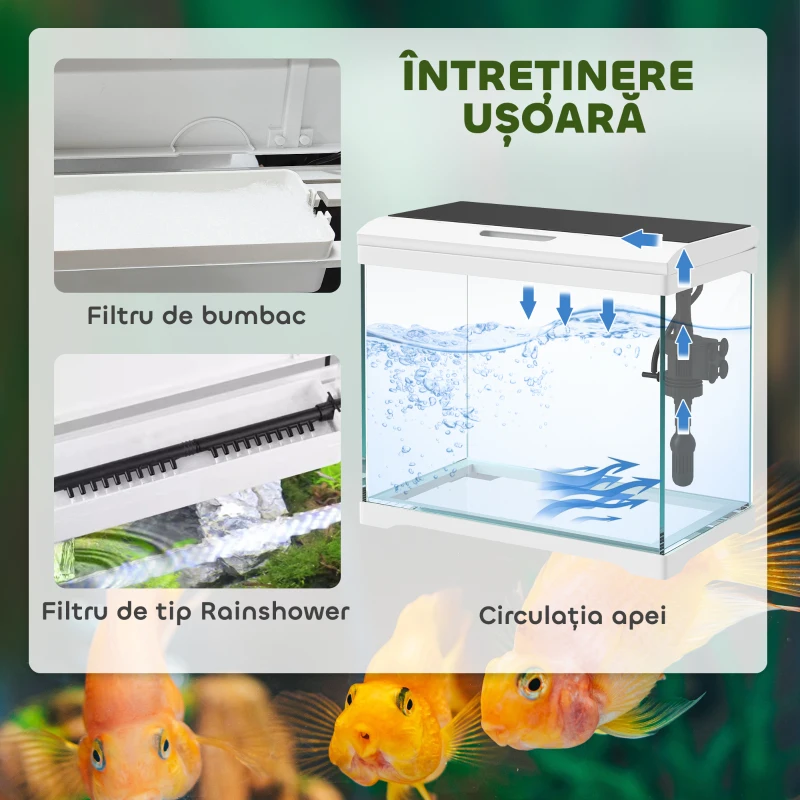 PawHut Acvariu din Sticlă de 17L pentru Pești cu Iluminare LED,  Sistem de Filtrare și Pompă de Apă, 35x21x31 cm, Alb