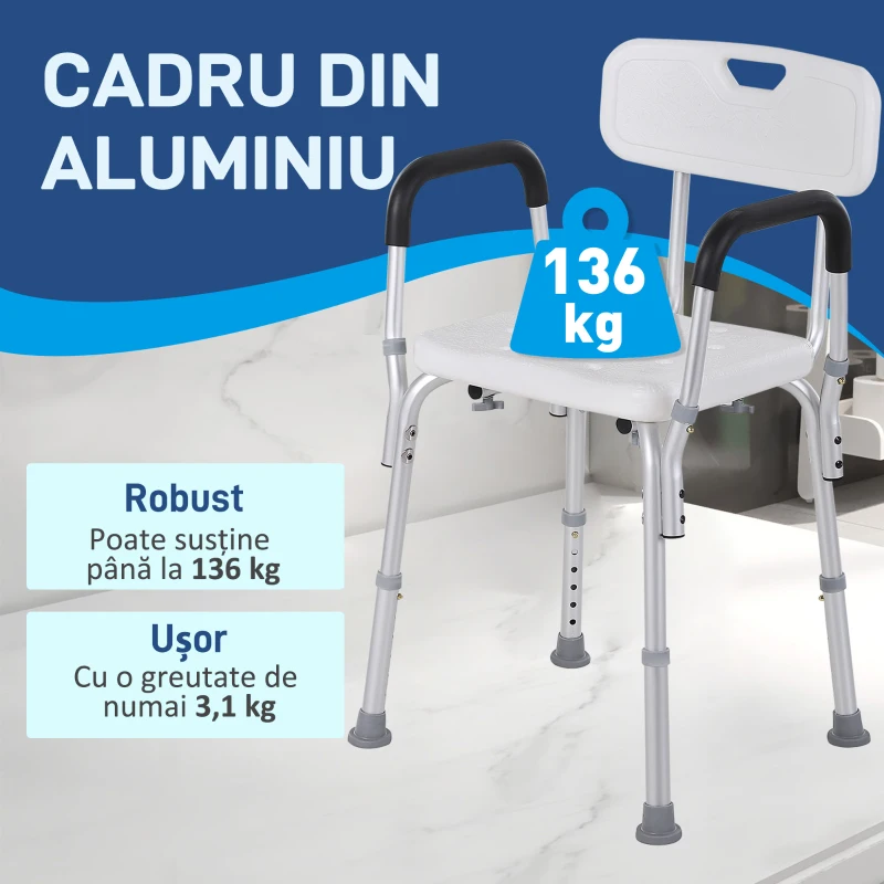 HOMCOM Scaun de Duș cu Spătar, Brațe, Înălțime Reglabilă și Picioare Antiderapante, 51,5x51,5x71-84 cm, Alb