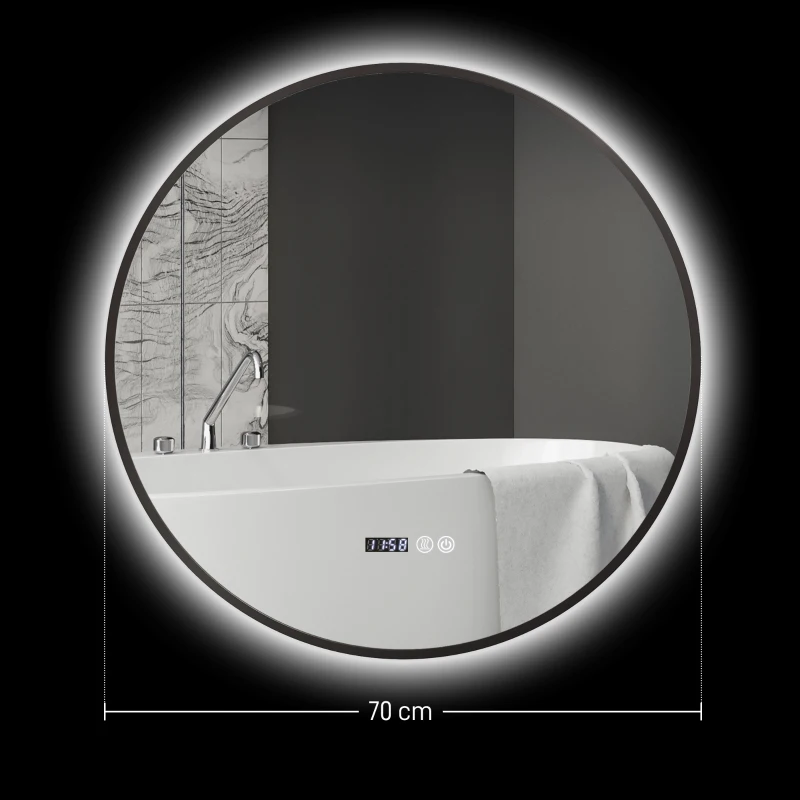 HOMCOM Oglindă de Baie Anti-Ceață cu Lumini LED Reglabile, Ø70x3 cm, Negru