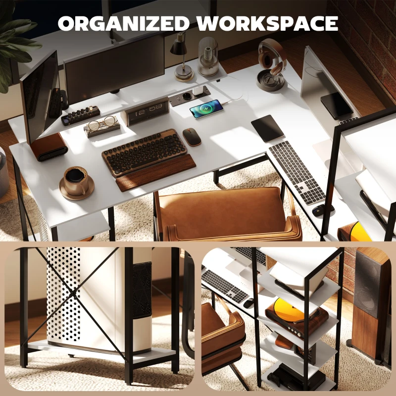 HOMCOM Birou de Colț pentru Computer în Formă de L cu Bibliotecă, 137x140x139,5 cm, Negru