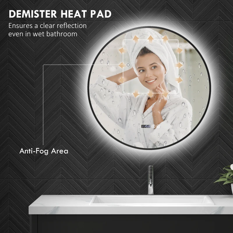 HOMCOM Oglindă de Baie Anti-Ceață cu Lumini LED Reglabile, Ø70x3 cm, Negru