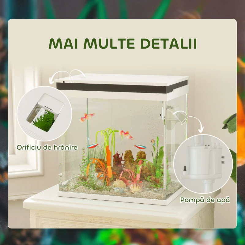 PawHut Acvariu de Sticlă pentru Pești cu Iluminare LED, Filtru și Pompă de Apă, 38x26x38 cm, Alb