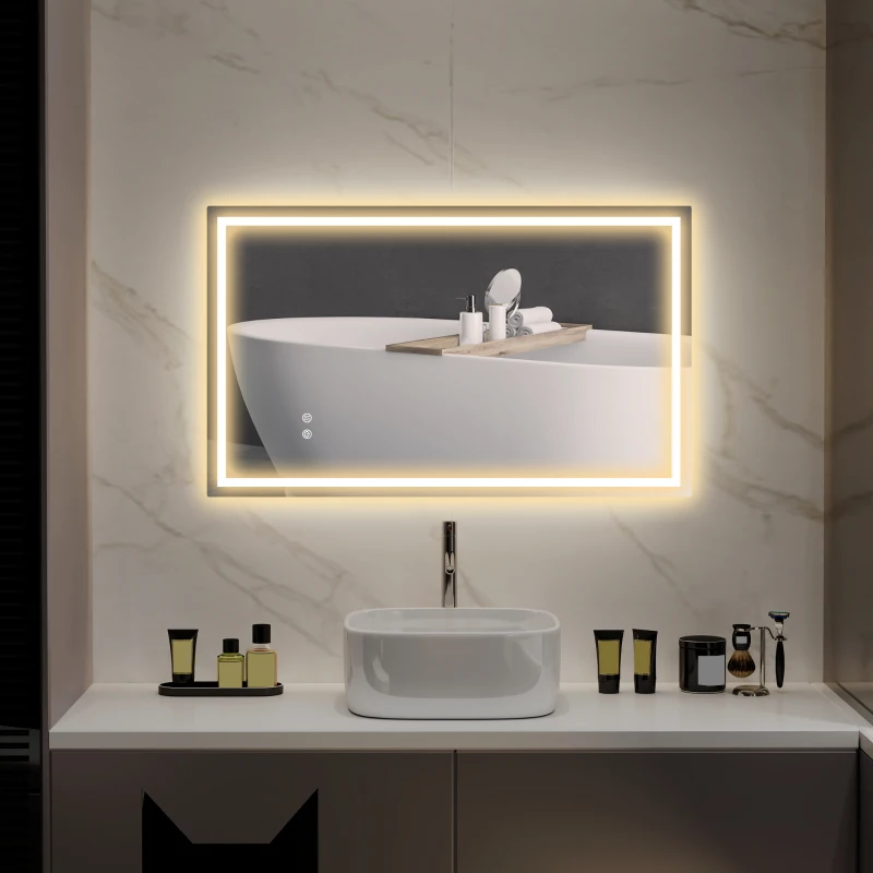 HOMCOM Oglindă de Baie Iluminată cu Lumini LED Reglabile și Strat Anti-Condens, 100x60 cm, Transparent