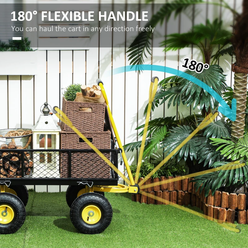 Outsunny Cărucior de Grădină cu 4 Roți, Pereți Laterali Detașabili și Mâner Pivotant, 104x54x51cm, Negru