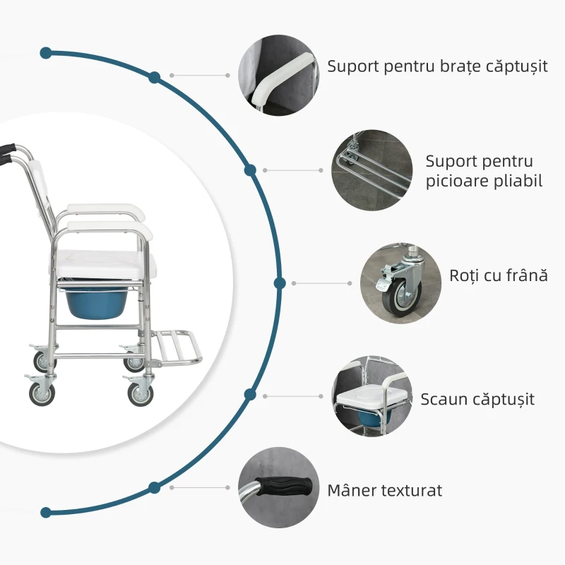 HOMCOM Scaun WC 3 în 1 Pliabil cu Rotile Pivotante, Vas Detașabil și Înălțime Reglabilă, 54x68-84x95 cm, Alb