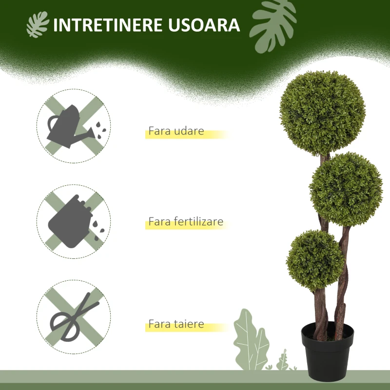 HOMCOM Plantă Artificială de Buxus cu 3 Sfere, Ghiveci Inclus și Bază Întărită, Ø19,5x115 cm, Verde