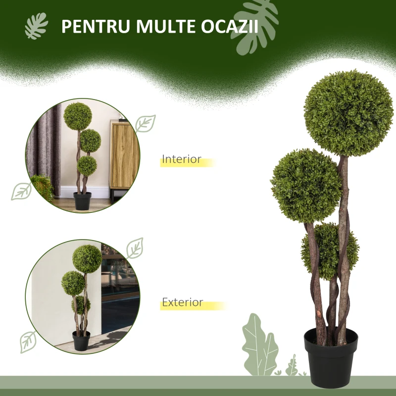 HOMCOM Plantă Artificială de Buxus cu 3 Sfere, Ghiveci Inclus și Bază Întărită, Ø19,5x115 cm, Verde