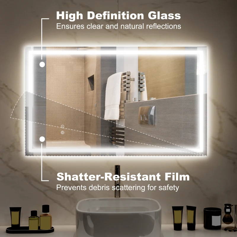 HOMCOM Oglindă de Baie Iluminată cu Lumini LED Reglabile și Strat Anti-Condens, 100x60 cm, Transparent