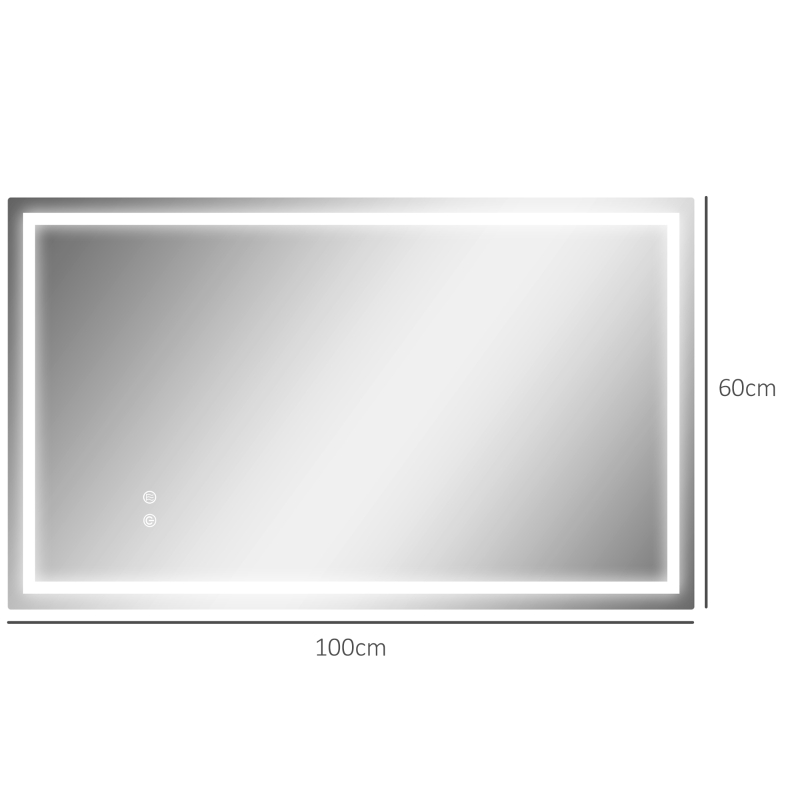 HOMCOM Oglindă de Baie Iluminată cu Lumini LED Reglabile și Strat Anti-Condens, 100x60 cm, Transparent