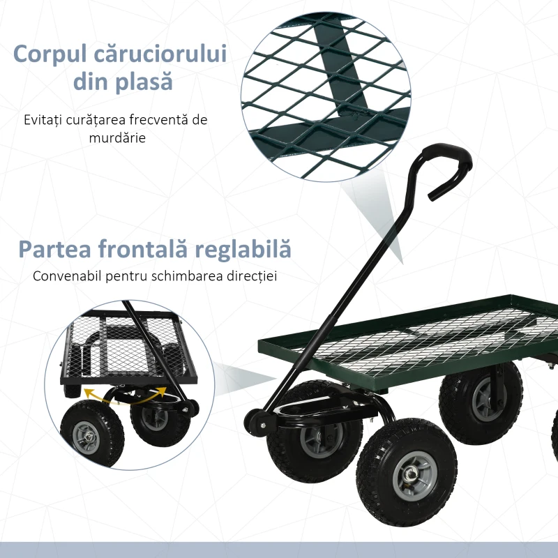 Outsunny Roabă de Grădină cu Mâner și 4 Roți Mari, Capacitate 150 kg, 94x48,5x100 cm, Verde