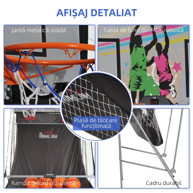 HOMCOM Coș de Baschet cu Panou LED, Pompă, 2 Coșuri, 4 Mingi și 8 Moduri de Joc, 205x110x205 cm, Negru