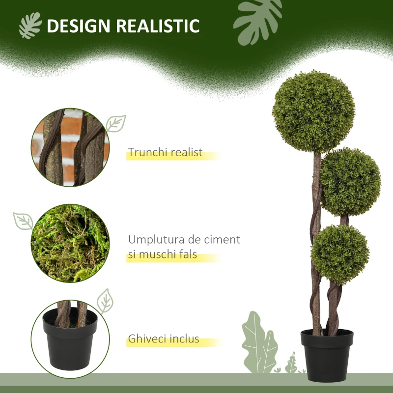 HOMCOM Plantă Artificială de Buxus cu 3 Sfere, Ghiveci Inclus și Bază Întărită, Ø19,5x115 cm, Verde