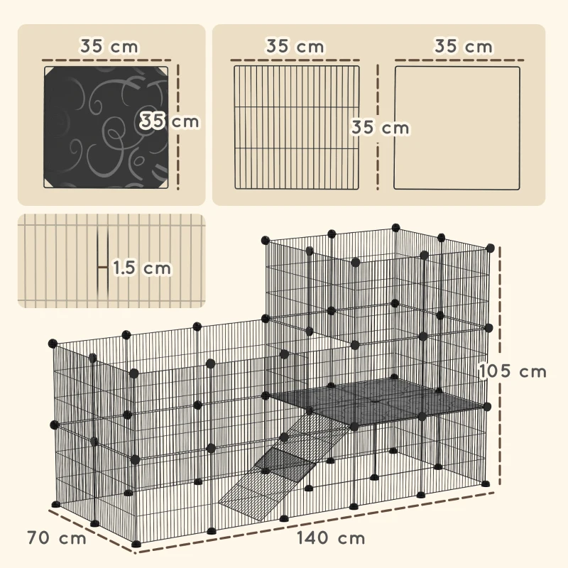 PawHut Țarc Modular pentru Animale de Companie de Talie Mică, cu 39 de Panouri și Accesorii, 140x70x105 cm, Negru