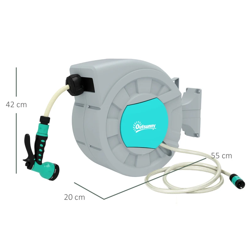 Outsunny Tambur Furtun de Grădină Retractabil, Rotativ la 180° și Sistem de Blocare, 55x20x42 cm, Gri(m-3)