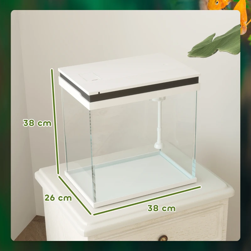 PawHut Acvariu de Sticlă pentru Pești cu Iluminare LED, Filtru și Pompă de Apă, 38x26x38 cm, Alb