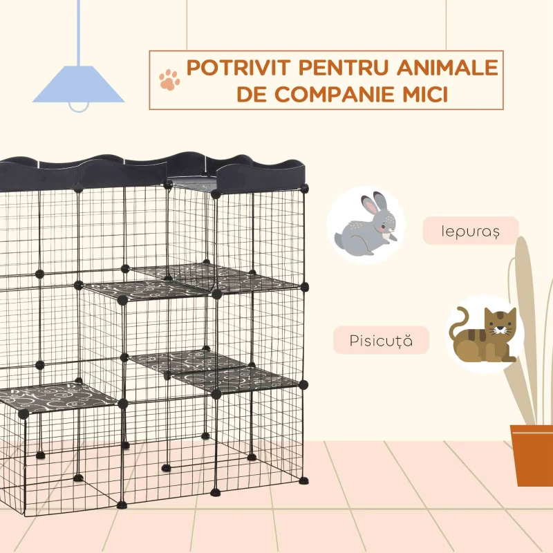 PawHut Țarc Modular pentru Animale de Talie Mică, cu Panouri și Accesorii, 105x70x116 cm, Negru