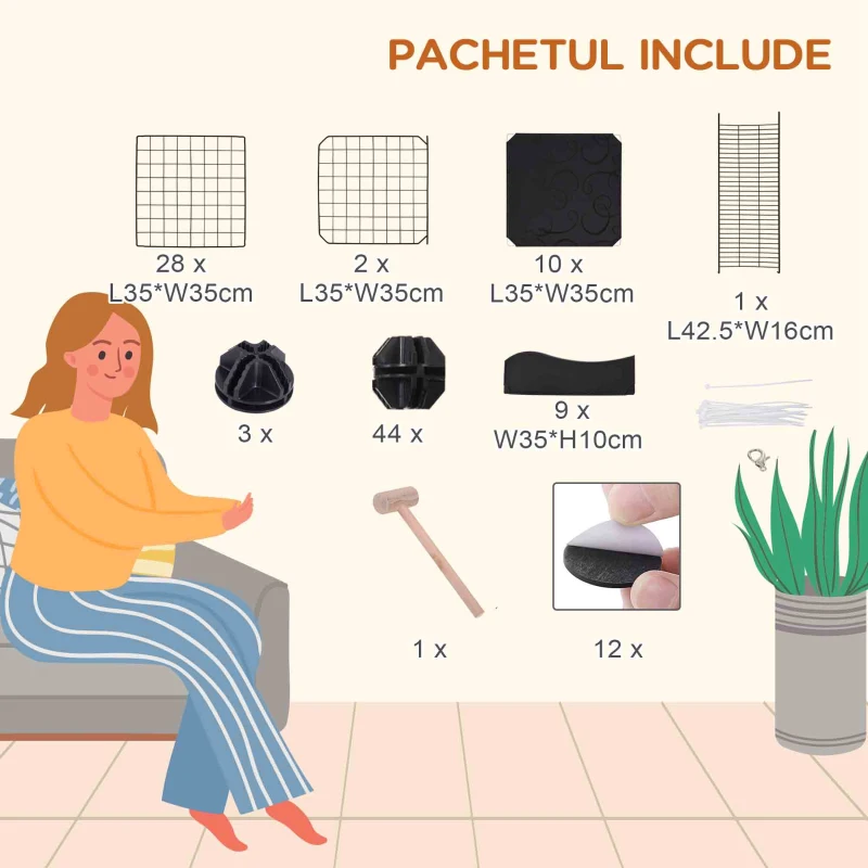 PawHut Țarc Modular pentru Animale de Talie Mică, cu Panouri și Accesorii, 105x70x116 cm, Negru