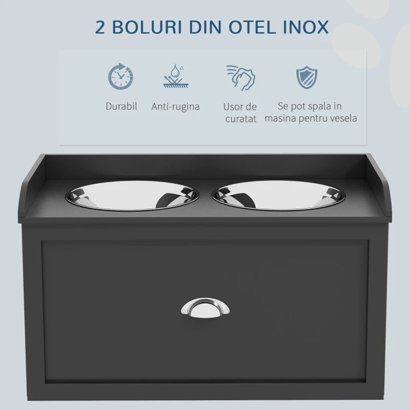 PawHut Boluri Înălțate pentru Câini din Lemn cu Sertar pentru Obiecte, 60x30x36 cm, Negru