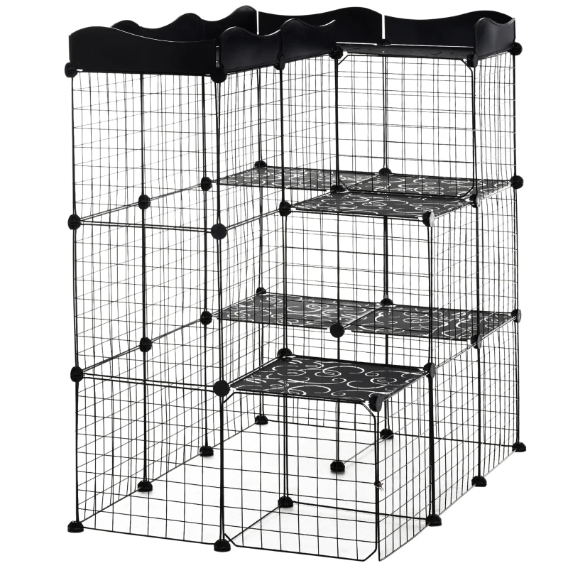 PawHut Țarc Modular pentru Animale de Talie Mică, cu Panouri și Accesorii, 105x70x116 cm, Negru