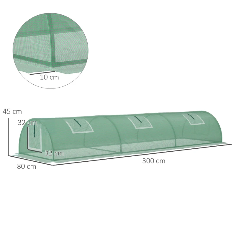 Outsunny Seră de Grădină Tunel cu 5 Ferestre Rulante din Oțel, PE și PP, 300x80x45 cm, Verde