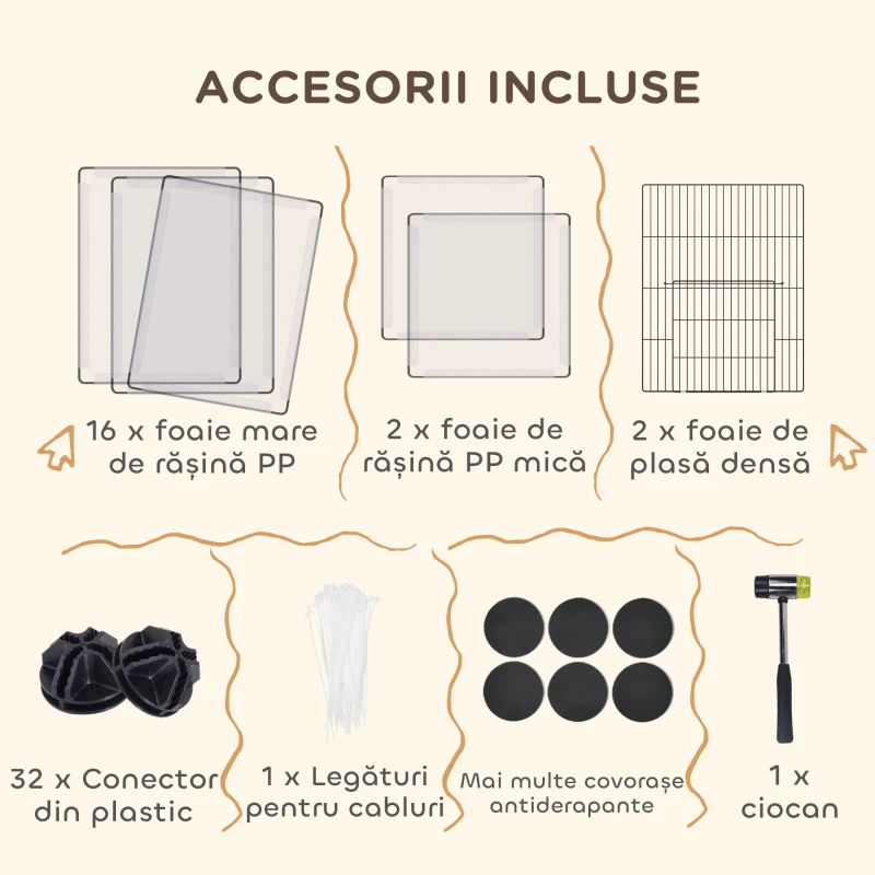 PawHut Țarc Modular pentru Animale de Talie Mică cu 20 de Panouri, 2 Uși și Accesorii, 175x70x45 cm, Negru