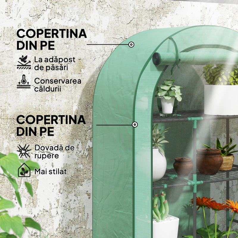 Outsunny Seră pentru Grădină cu 4 Niveluri, Ușă Batantă și 14 Catarame din Plastic, 100x45x160 cm, Verde
