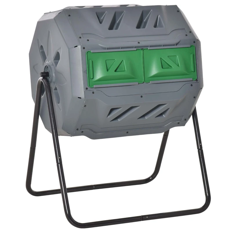 Outsunny Compostor Rotativ cu 2 Secțiuni și 8 Prize de Aerisire din Oțel și PP, 160L, 71x65x96 cm, Gri