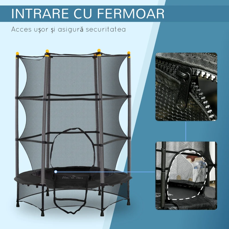HOMCOM Trambulină Elastică pentru Copii 3-10 Ani cu Plasă de Siguranță și Țevi Capitonate, Ø140 x 190 cm, Negru