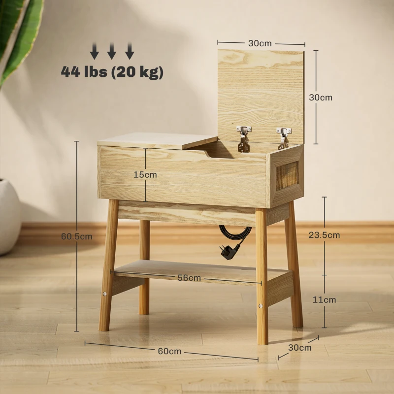 HOMCOM Măsuță de Sufragerie cu 2 Prize CA, Porturi USB, Raft Rabatabil și Raft Deschis, 30x60x60,5 cm, Natural