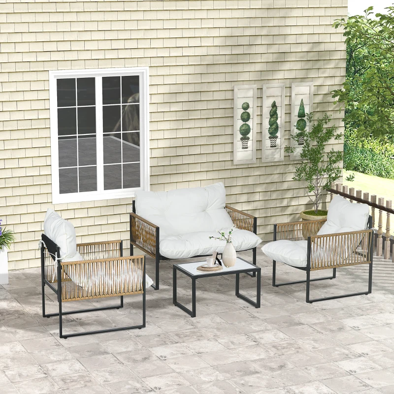 Outsunny Set Mobilier de Grădină din Ratan cu Canapea, Fotolii cu Perne și Măsuță cu Blat de Sticlă, 106x70x72 cm, Alb Crem