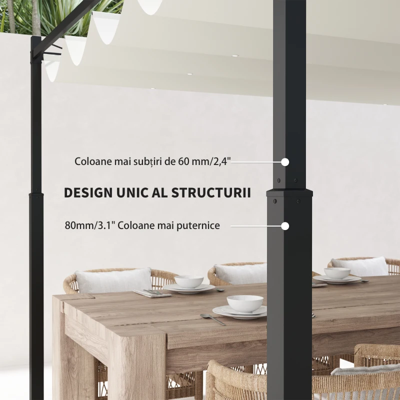 Outsunny Pergola Pavilion 3×3 m cu Copertina Retractabila – Alb‑Crem(m-5)