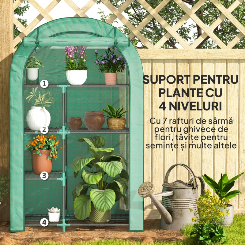 Outsunny Seră pentru Grădină cu 4 Niveluri, Ușă Batantă și 14 Catarame din Plastic, 100x45x160 cm, Verde