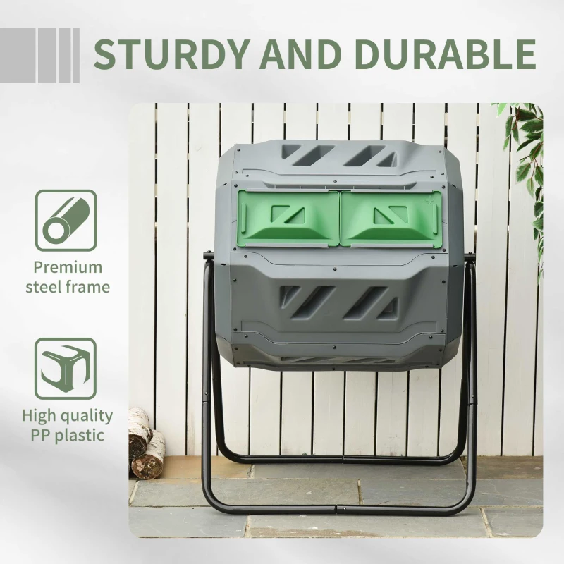 Outsunny Compostor Rotativ cu 2 Secțiuni și 8 Prize de Aerisire din Oțel și PP, 160L, 71x65x96 cm, Gri