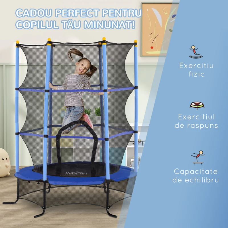 HOMCOM Trambulină Elastică pentru Copii cu Plasă de Siguranță, Suprafață Elastică și Țevi Capitonate, Ø163x190 cm, Albastru