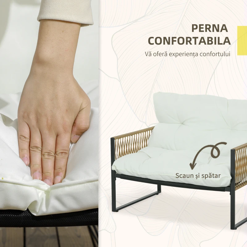 Outsunny Set Mobilier de Grădină din Ratan cu Canapea, Fotolii cu Perne și Măsuță cu Blat de Sticlă, 106x70x72 cm, Alb Crem