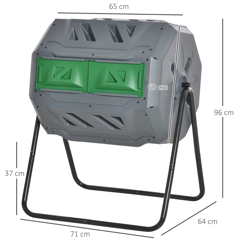 Outsunny Compostor Rotativ cu 2 Secțiuni și 8 Prize de Aerisire din Oțel și PP, 160L, 71x65x96 cm, Gri
