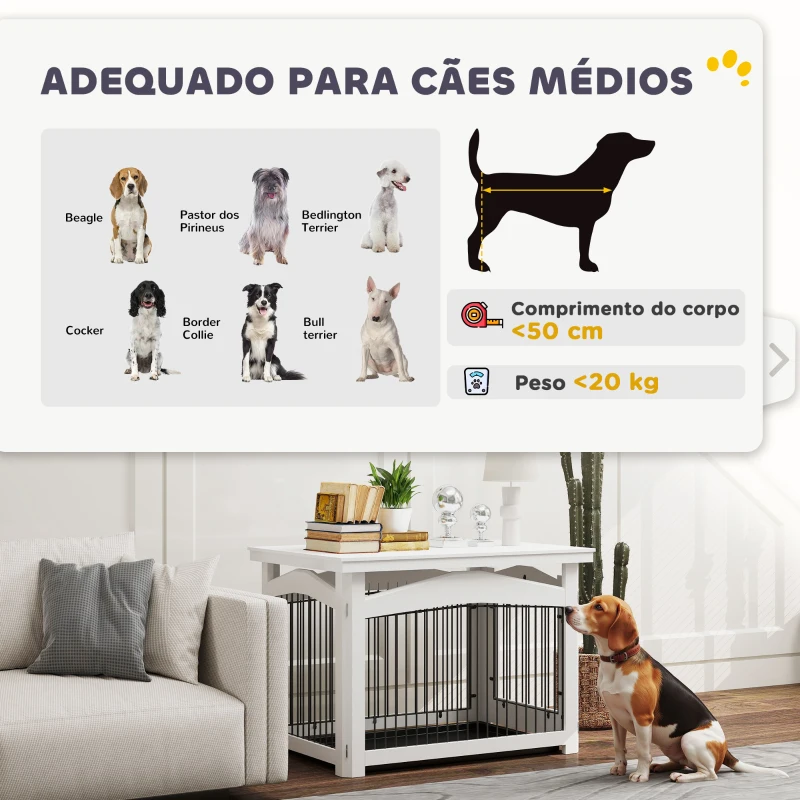 PawHut Gaiola para Cães Médios 3 em 1 Mesa Auxiliar Gaiola para Cães com Porta Trava Tampa Superior  82,5x57,5x59,5 cm Branco