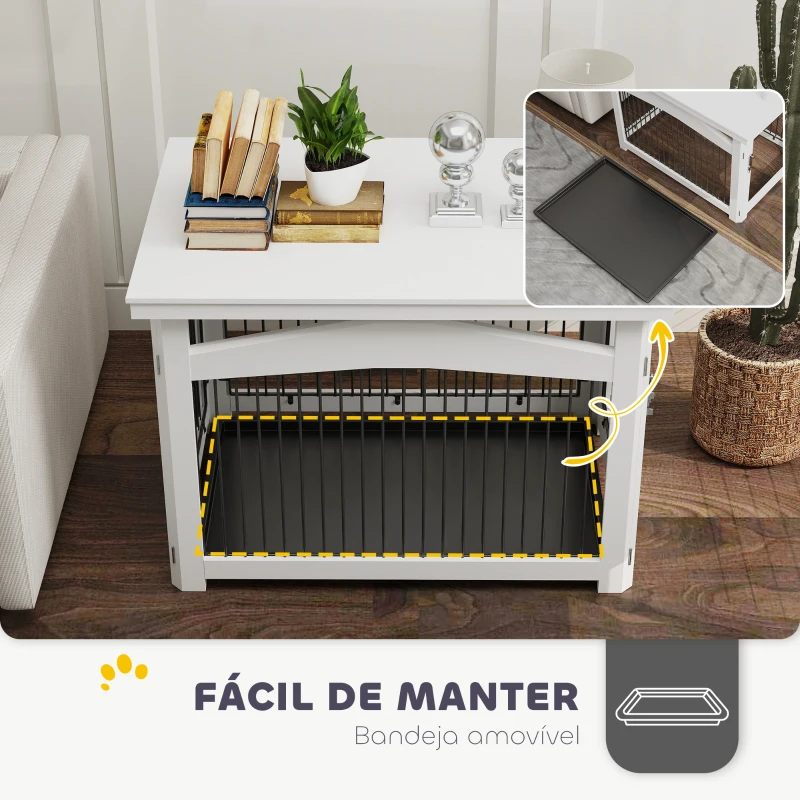 PawHut Gaiola para Cães Médios 3 em 1 Mesa Auxiliar Gaiola para Cães com Porta Trava Tampa Superior  82,5x57,5x59,5 cm Branco