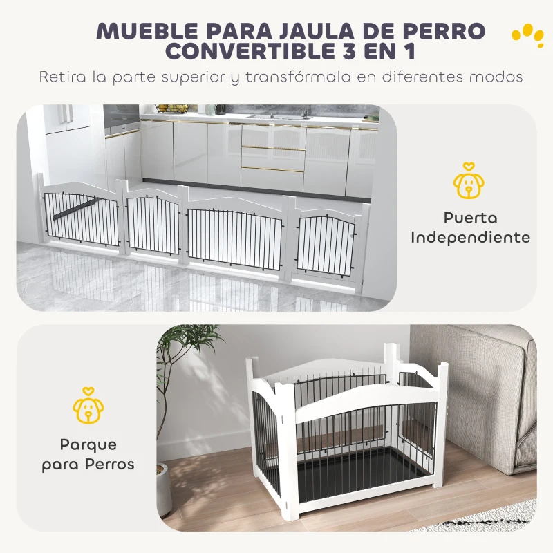 PawHut Jaula para Perros Medianos 3 en 1 con Puerta Tapa Superior Desmontable y Bandeja Extraíble 82,5x57,5x59,5 cm Blanco